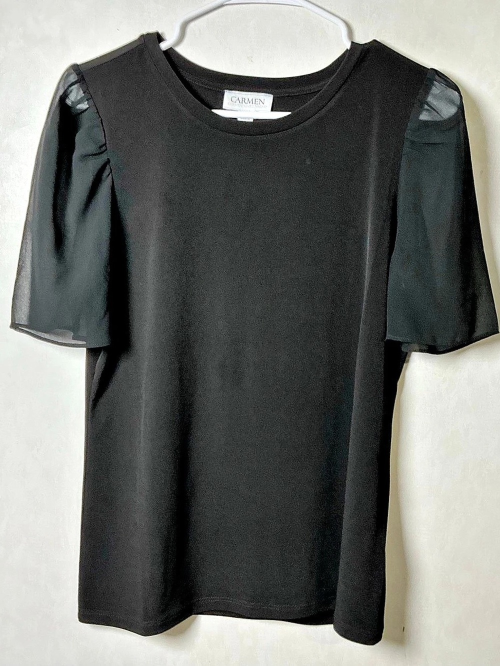 Carmen Black Sheer Sleeve Top Size Medium Like New